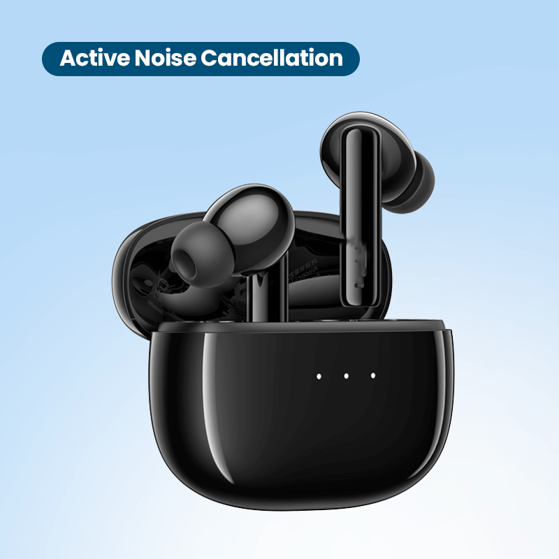 Black wireless active noise reduction earbuds with charging case on blue background