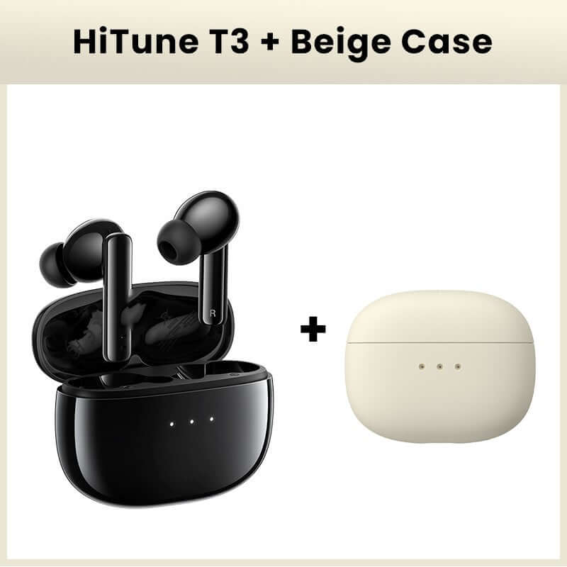 HiTune T3 black wireless active noise reduction earbuds with black charging case and beige protective case