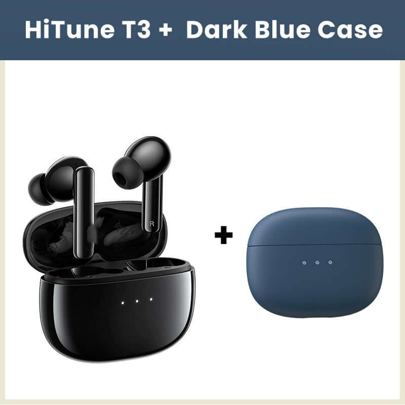 HiTune T3 wireless active noise reduction earbuds in black with dark blue charging case