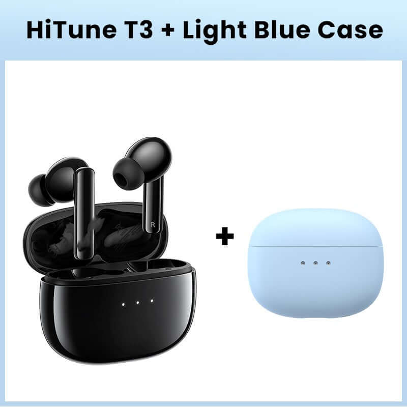 HiTune T3 black active noise reduction earbuds with light blue charging case by Dropshipman