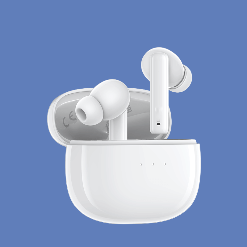 White active noise reduction earbuds with charging case open against light blue background