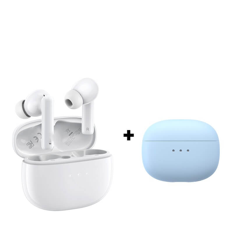 White active noise reduction earbuds with charging case and separate blue protective case