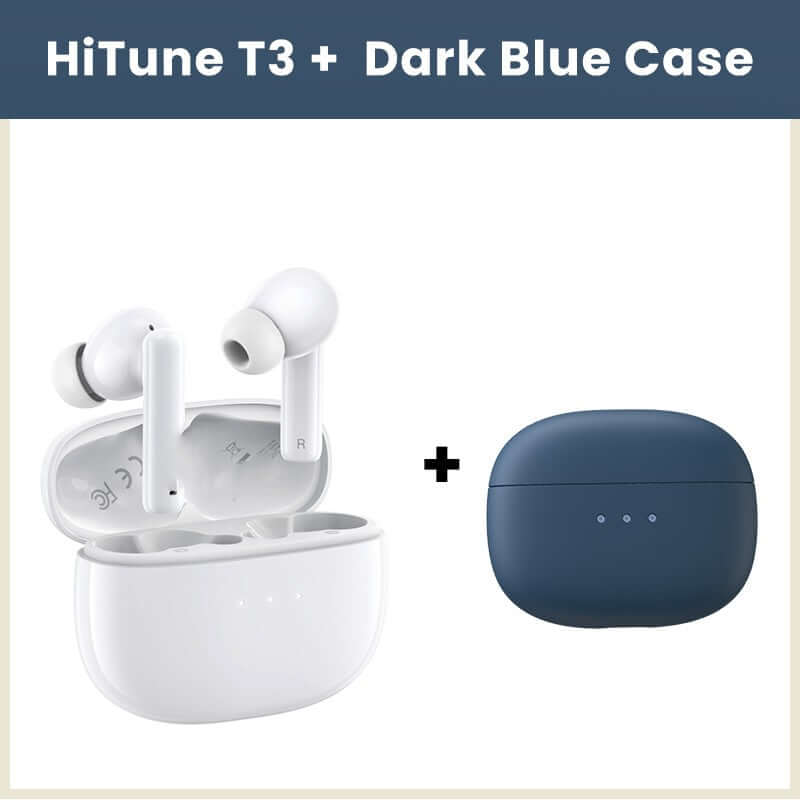 HiTune T3 wireless earbuds with dark blue case featuring active noise reduction earbuds technology