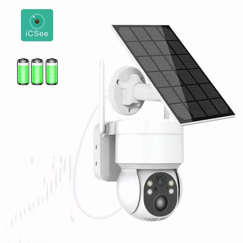 Dropshipman wireless outdoor security camera with solar panel and battery icons for continuous power