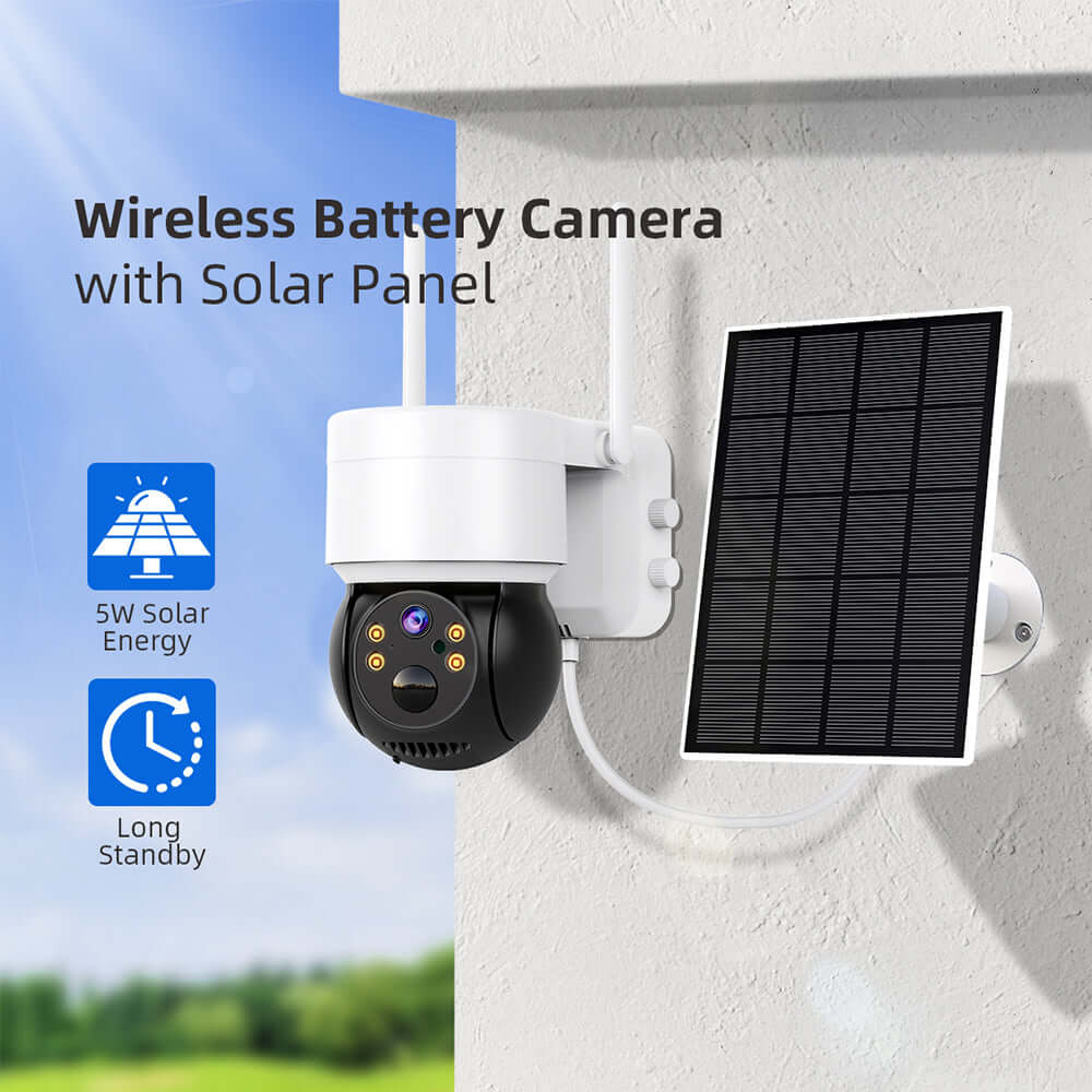 Wireless outdoor security camera with solar panel mounted on exterior wall for battery power