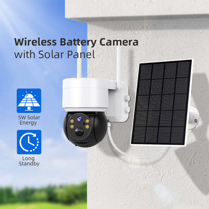 Wireless outdoor security camera with solar panel mounted on exterior wall for battery power