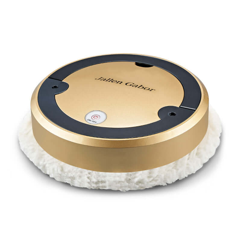 Gold robot vacuum with spray function featuring a round design and soft white cleaning pad
