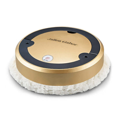 Gold robot vacuum with spray function featuring a round design and soft white cleaning pad