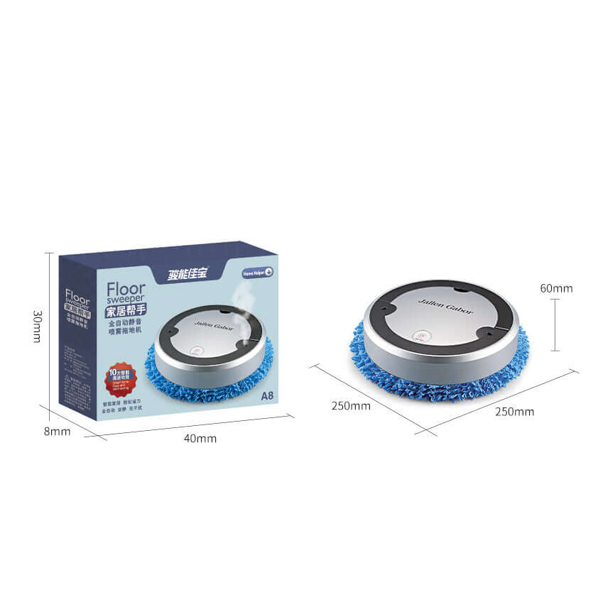 Dropshipman robot vacuum with spray function showing compact design and packaging with dimensions