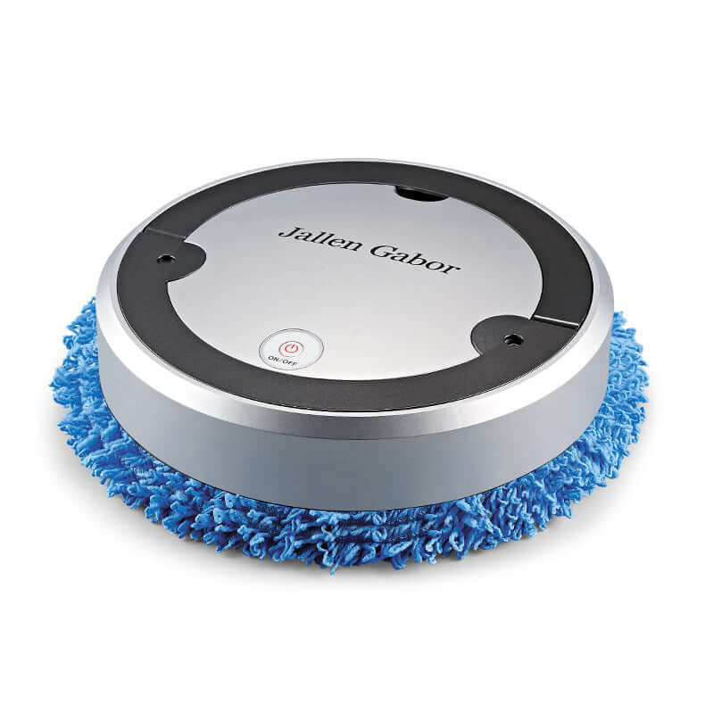 Jallen Gabor robot vacuum with spray function featuring a silver top and blue cleaning pad