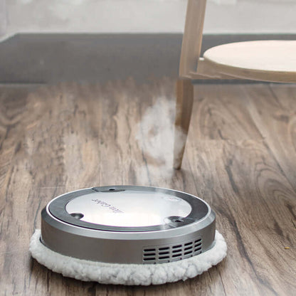 Dropshipman robot vacuum with spray function cleaning hardwood floor near wooden chair leg