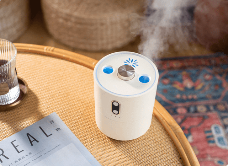 Stylish Jellyfish Style Humidifier placed on a table, showing its modern design and dual functionality as a humidifier and essential oil diffuser.