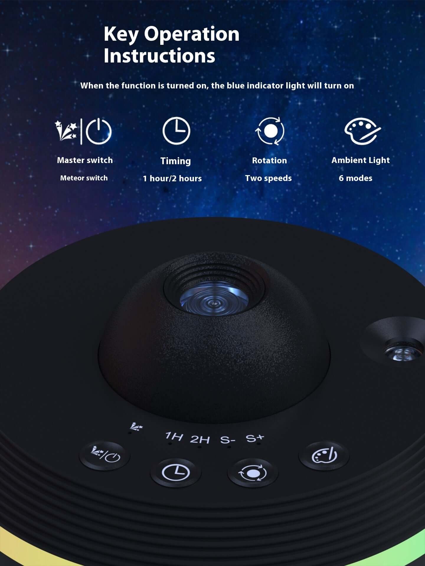 Close-up of black kids galaxy projector lamp with control buttons for timing, rotation, and ambient light modes