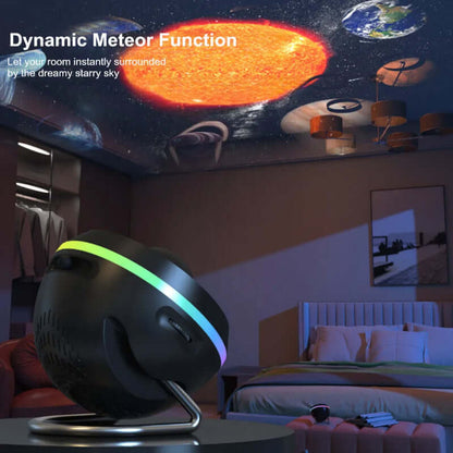 Kids galaxy projector lamp displaying dynamic meteor function projecting planets and stars on bedroom ceiling