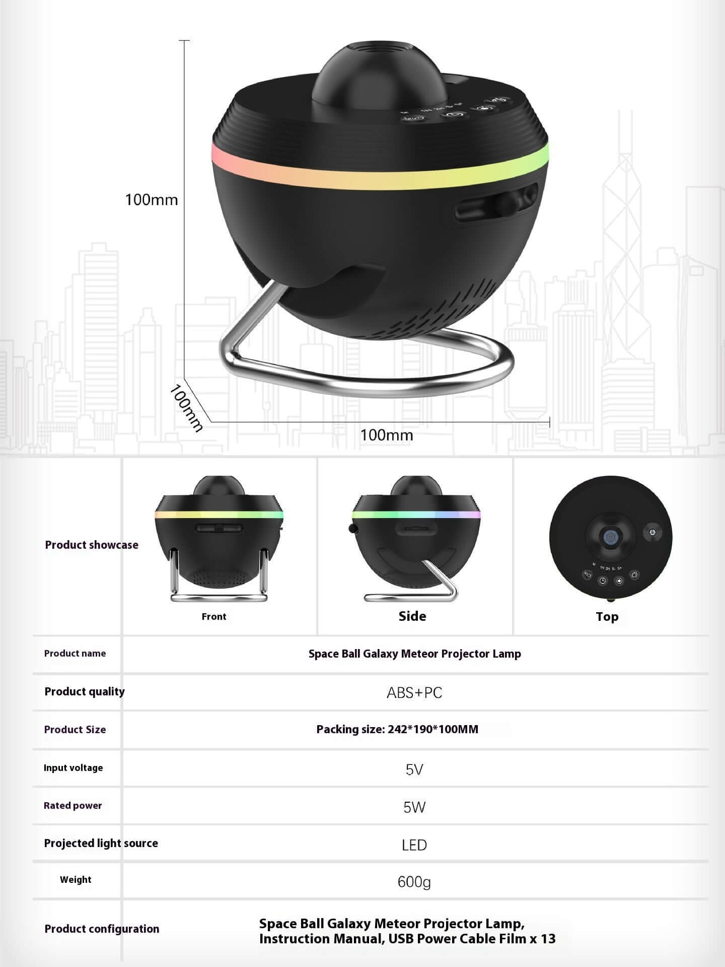 Dropshipman kids galaxy projector lamp in black with LED lights and metal stand showing front side and top views