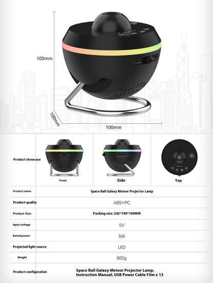 Dropshipman kids galaxy projector lamp in black with LED lights and metal stand showing front side and top views