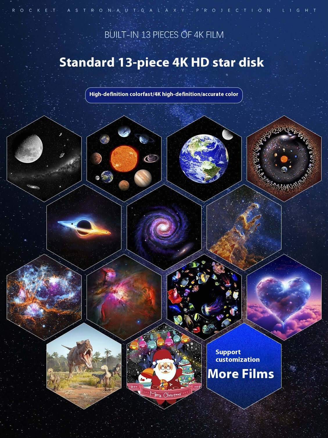 Kids galaxy projector lamp with 13-piece 4K HD star disk featuring colorful space and planet projections