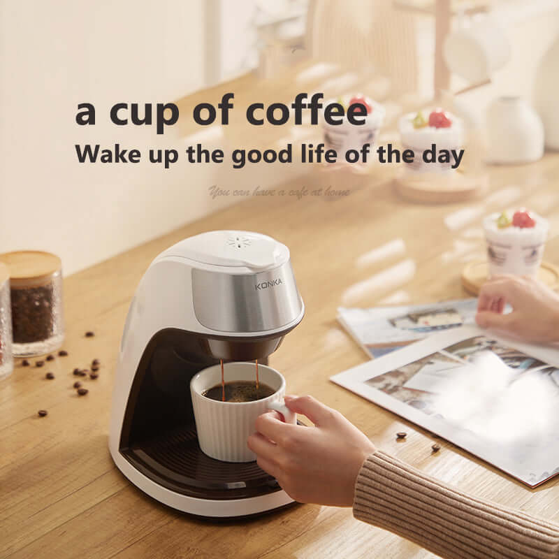 Dropshipman mini coffee machine for home brewing fresh coffee in white on wooden table
