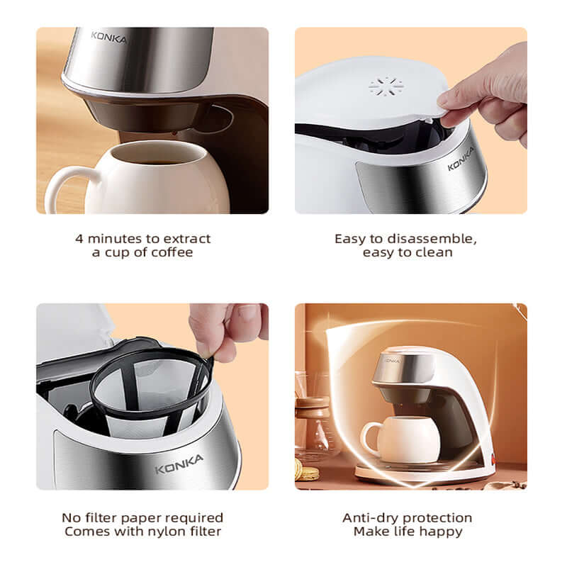 Mini coffee machine for home with easy disassembly, nylon filter, fast brewing, and anti-dry protection features