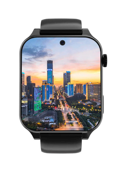 Dropshipman large screen smart watch with black strap displaying city skyline at sunset