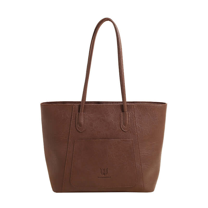 Casual Retro Shoulder Bag Texture Class Commuter Tote, a front view of a medium soft tote bag in a rich brown color.