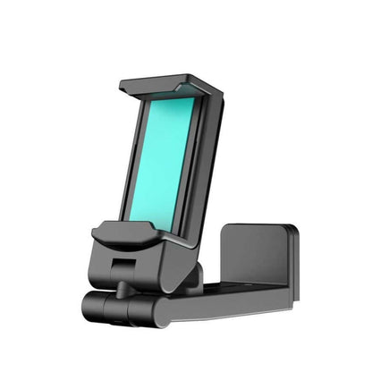 Foldable phone holder for travel in black with adjustable grip and compact design