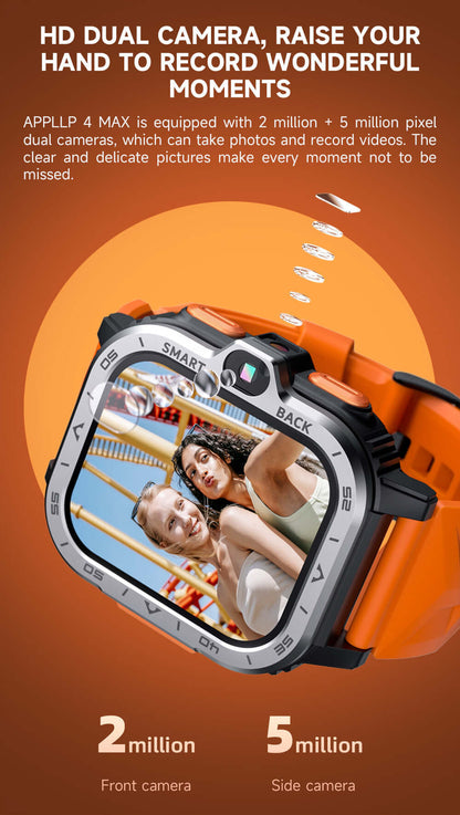 Dropshipman smart watch with camera featuring dual HD lenses and orange band capturing selfie photo