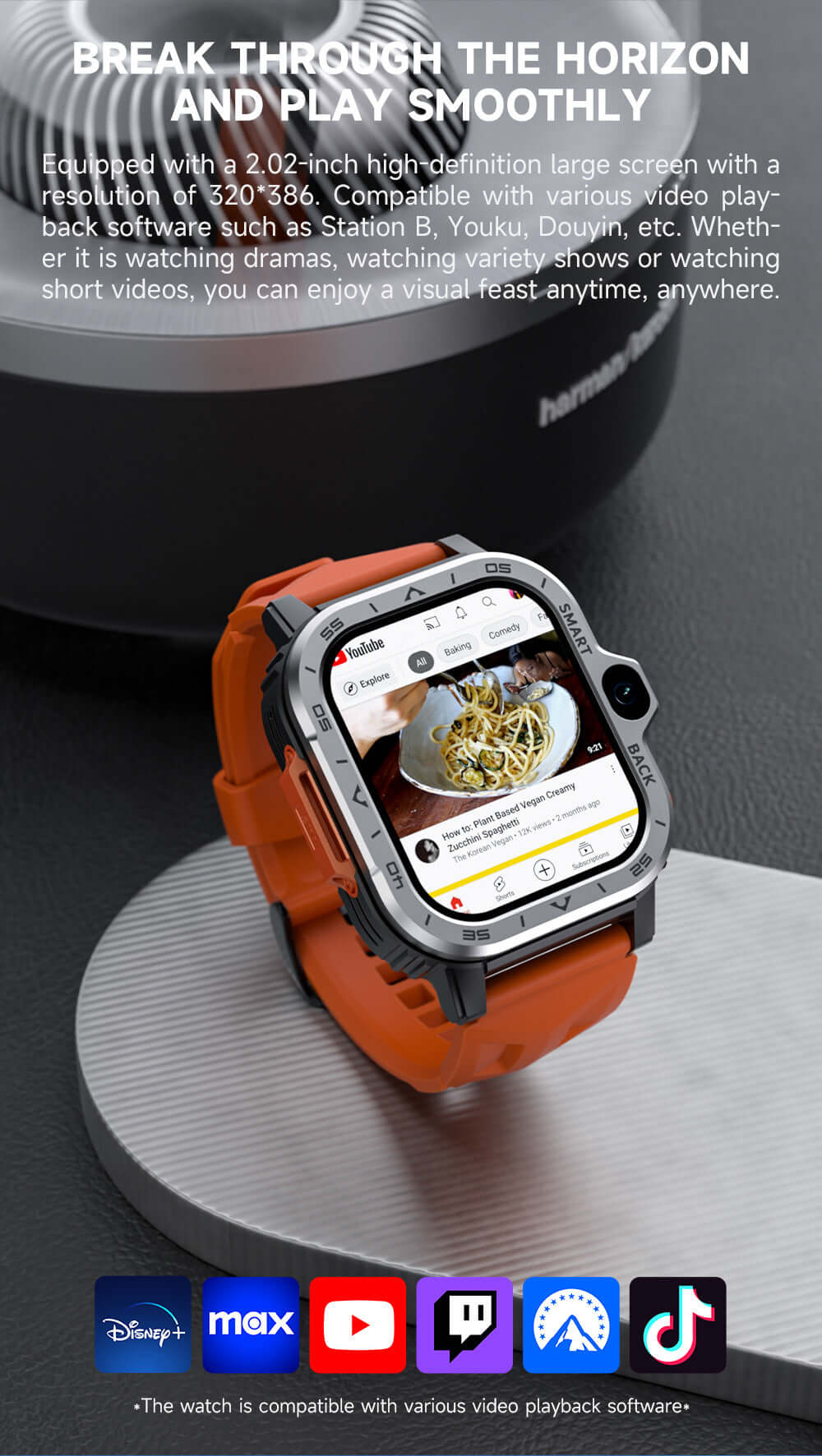 Smart watch with camera and orange strap displaying social media app with food photo on screen