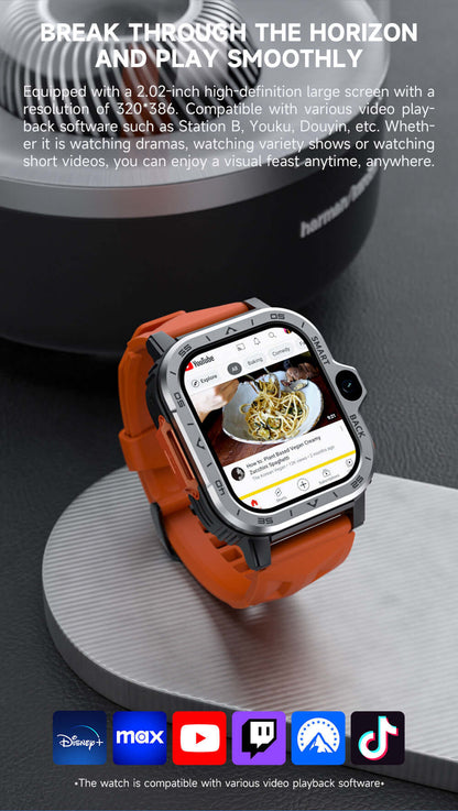 Smart watch with camera and orange strap displaying social media app with food photo on screen
