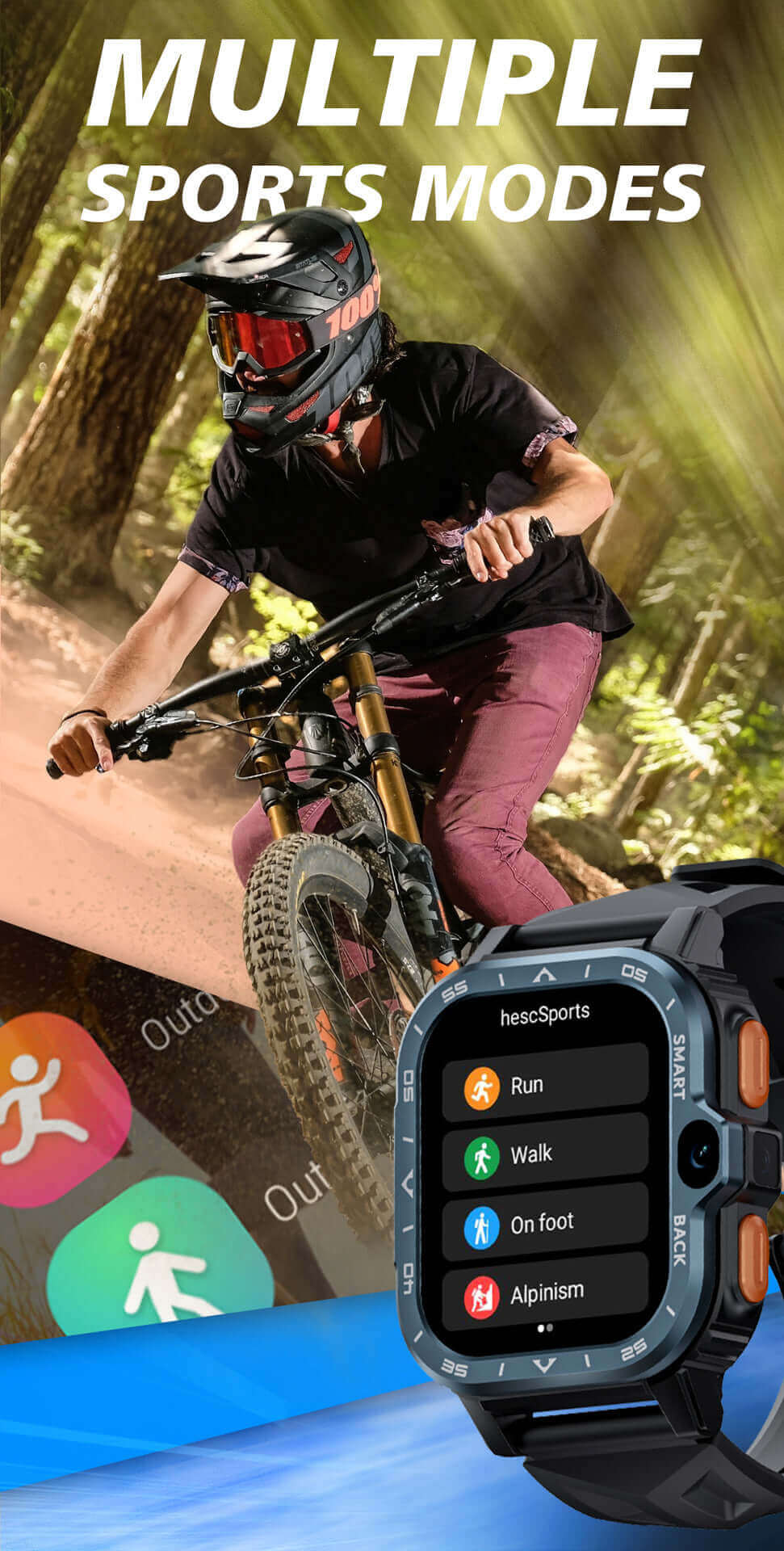 Dropshipman smart watch with camera showing multiple sports modes like run walk and alpinism