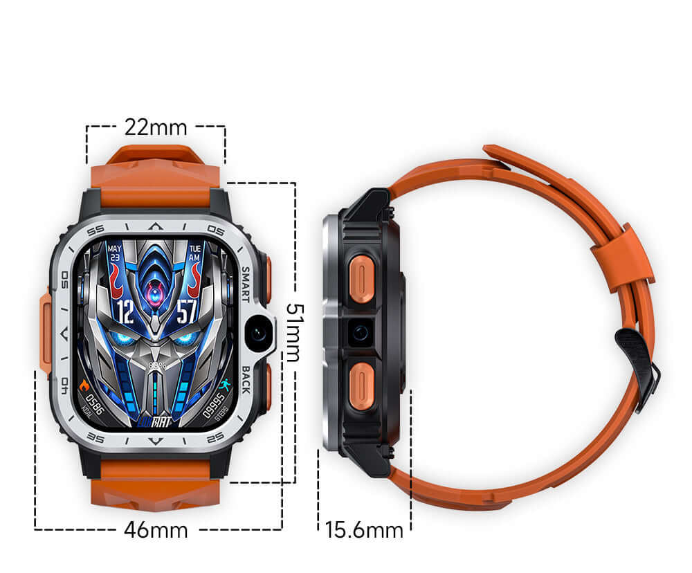 Dropshipman smart watch with camera in orange band showing front and side views with dimensions