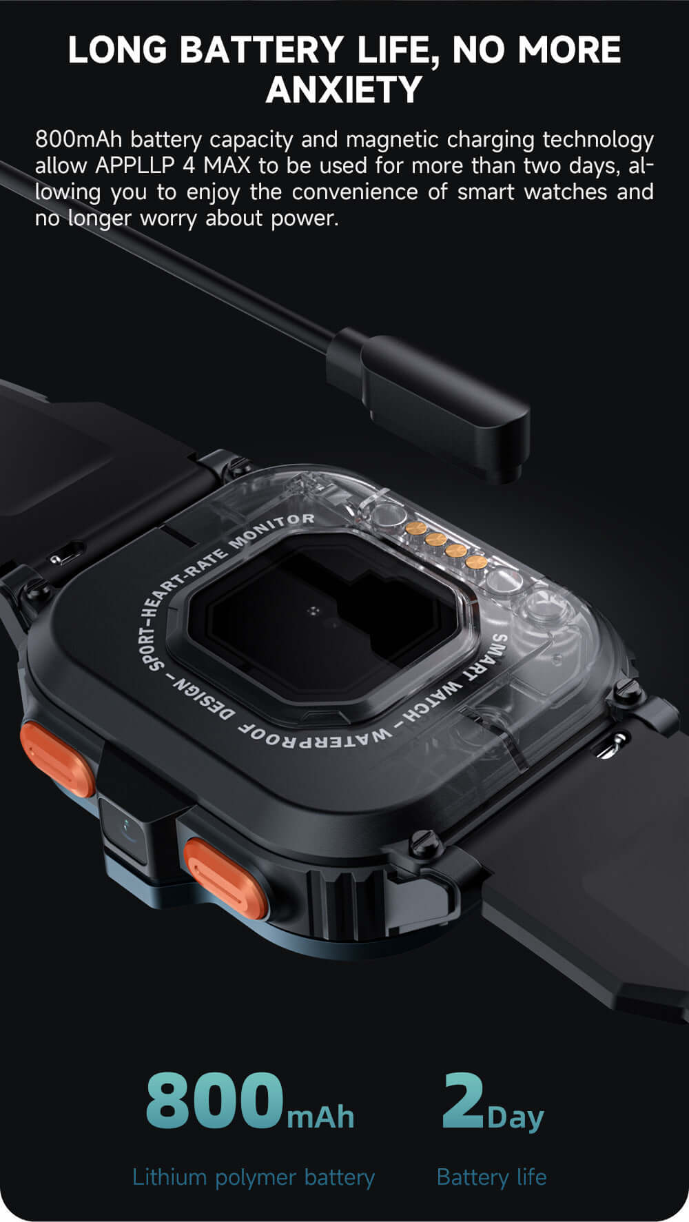 Dropshipman smart watch with camera featuring 800mAh battery and magnetic charging for long 2-day life