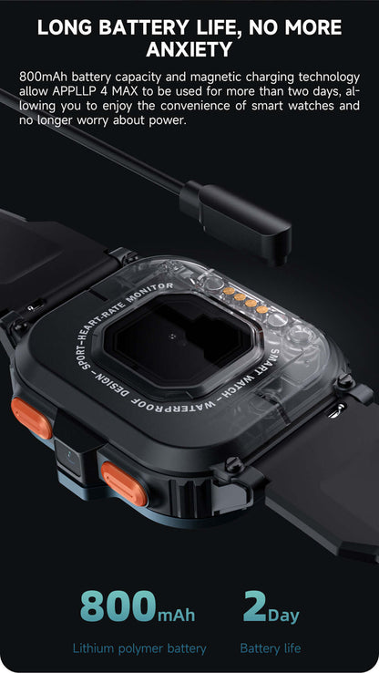 Dropshipman smart watch with camera featuring 800mAh battery and magnetic charging for long 2-day life