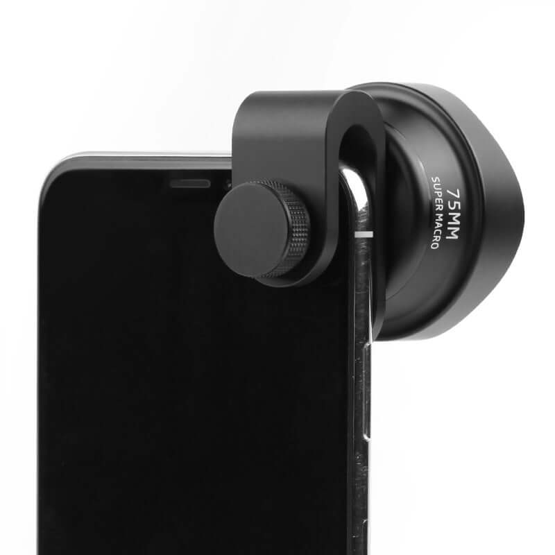 Eprolo black 75mm super macro lens attachment for iPhone clipped on smartphone camera