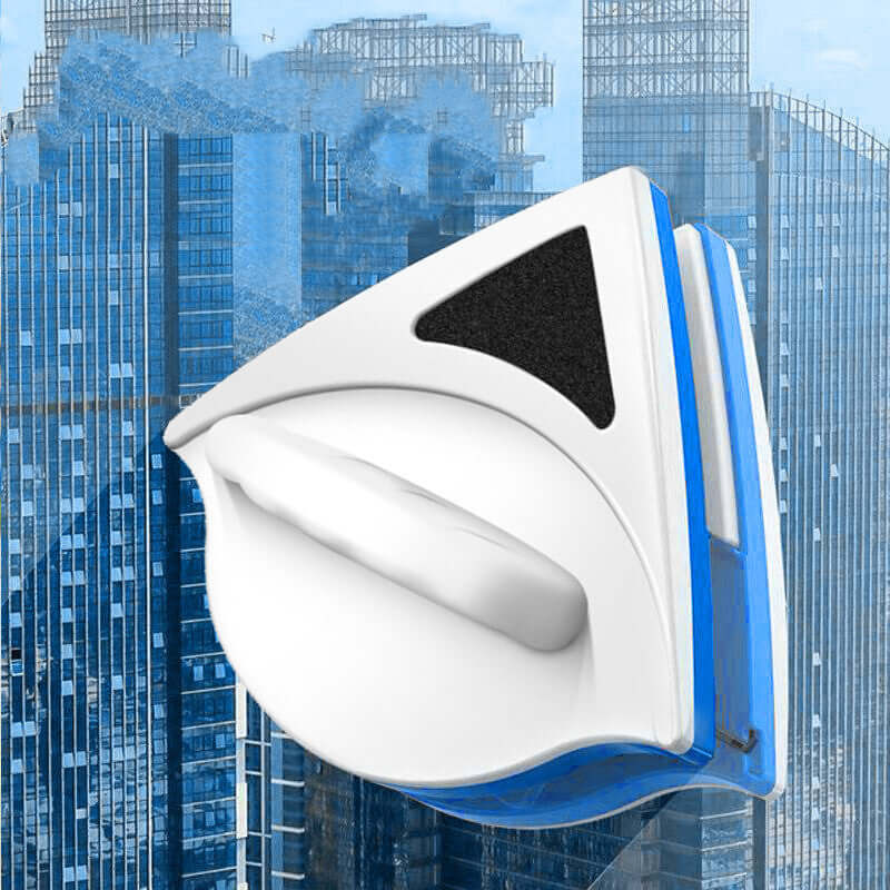 CozyTech Living magnetic glass cleaner with ergonomic handle and blue detailing on skyscraper window