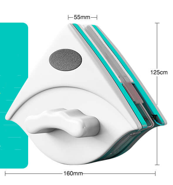 CozyTech Living magnetic glass cleaner with ergonomic handle and teal edges measuring 160mm by 125cm
