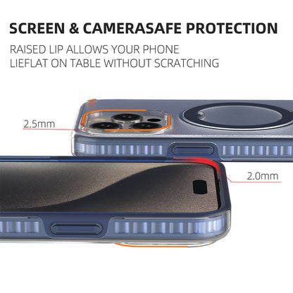 Magnetic phone case with holder showing raised lip for screen and camera protection on table