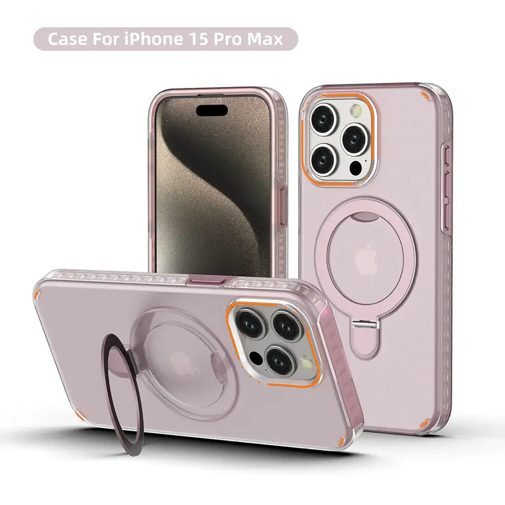 Magnetic phone case with holder for iPhone 15 Pro Max in transparent pink by Dropshipman