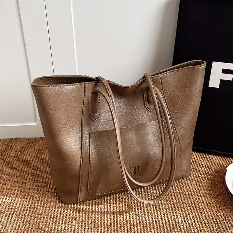 Casual Retro Shoulder Bag Texture Class Commuter Tote presenting a sophisticated brown medium soft tote bag, perfect for daily use.