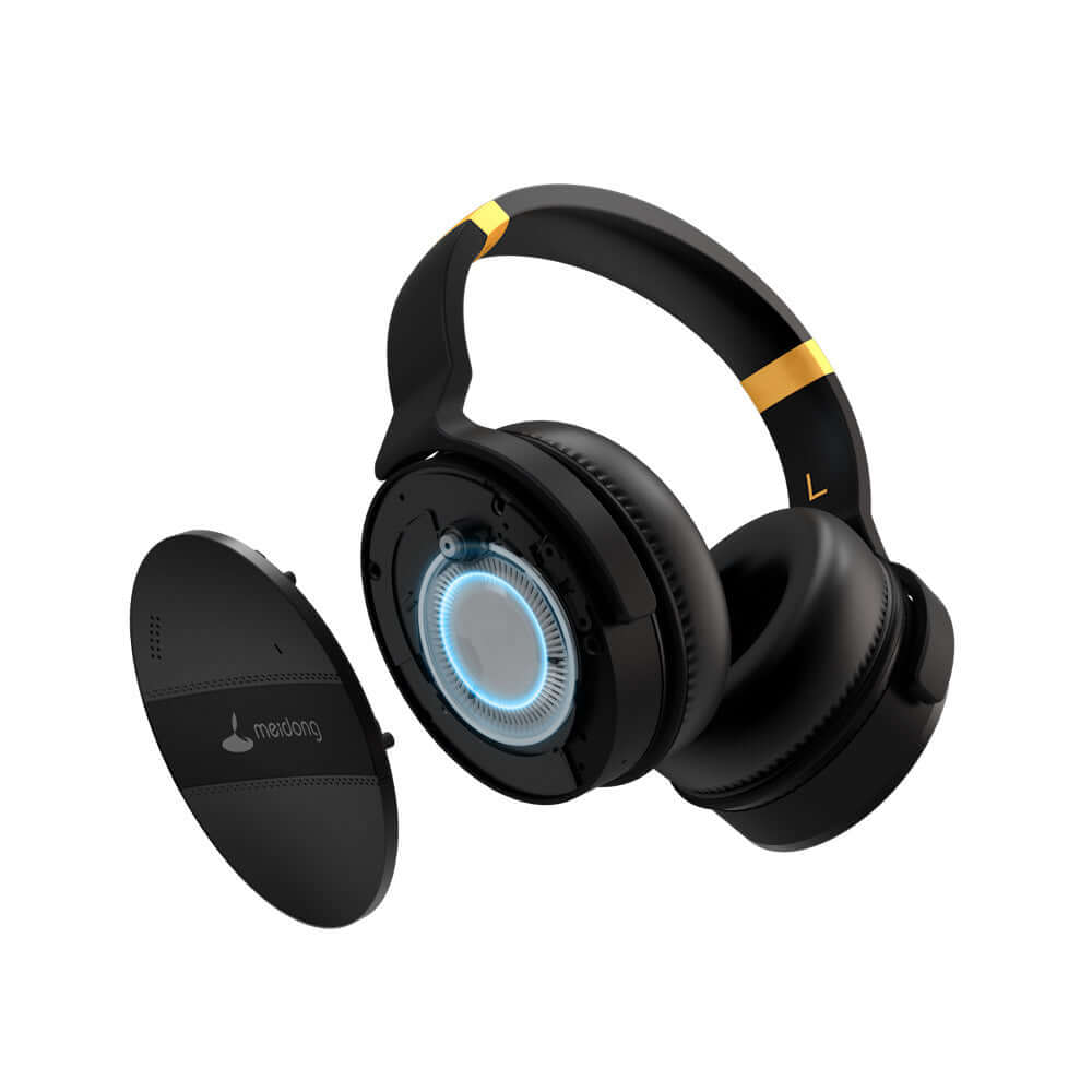 Close-up view of CozyTech Living Wireless Noise Canceling Headphones with a removable cover, highlighting detailed design and technology.