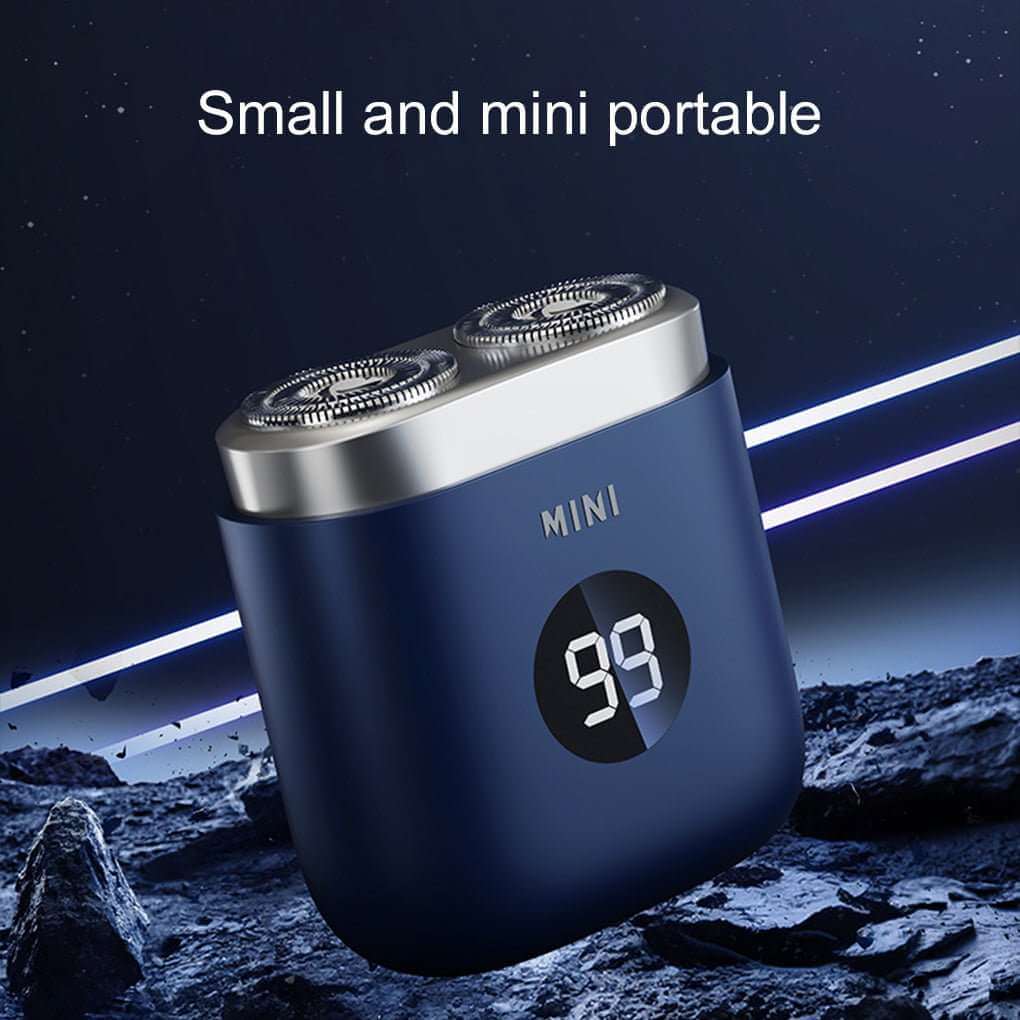 Small mini portable electric shaver for men in blue with digital display showing battery level