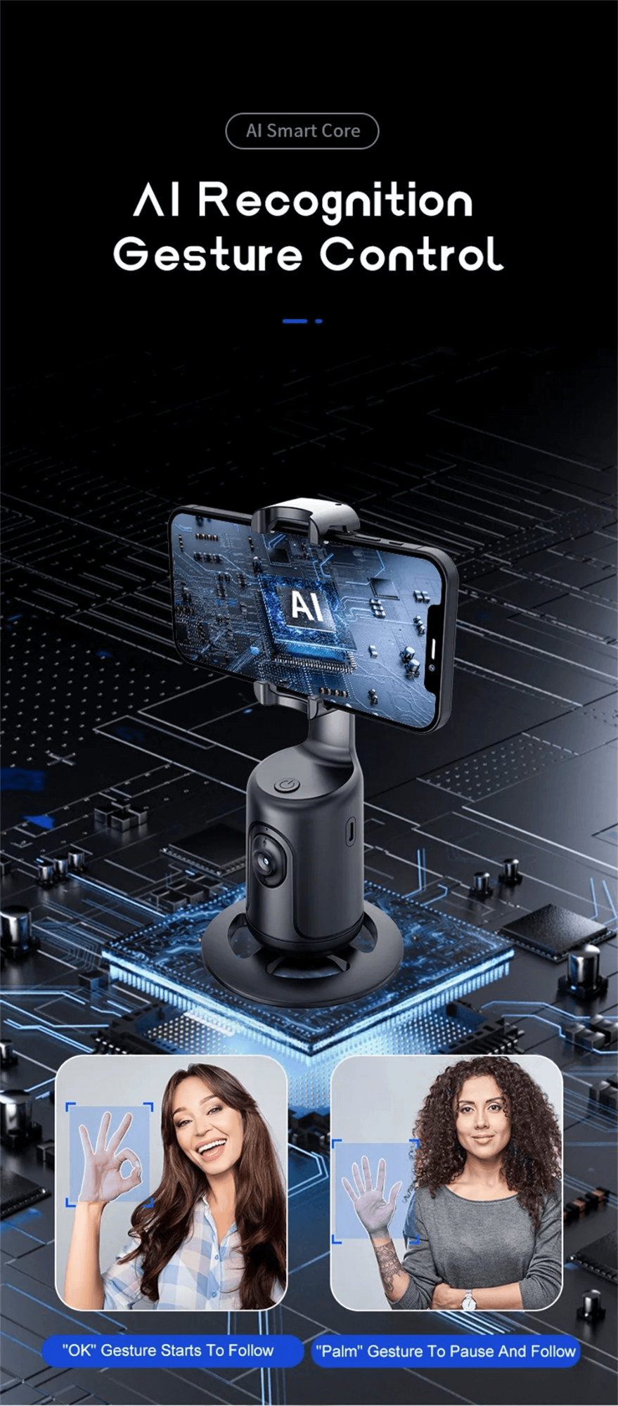 CozyTech Living vlogging phone mount with AI tracking featuring AI recognition and gesture control