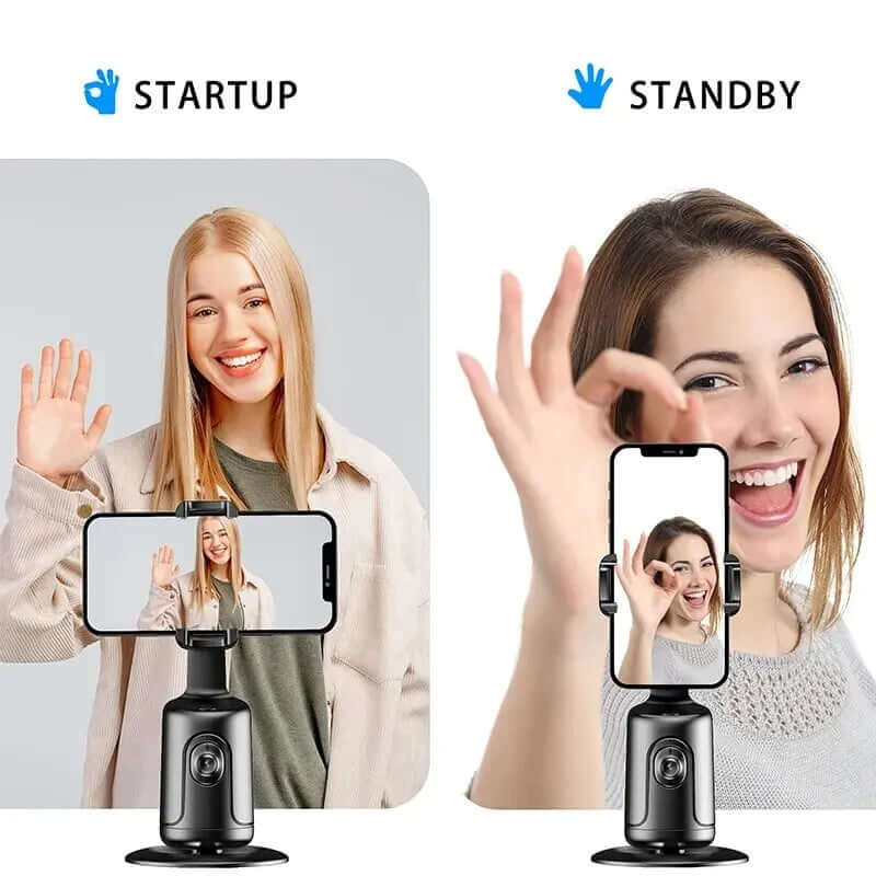 Vlogging phone mount with AI tracking showing startup and standby modes capturing smiling women waving hands
