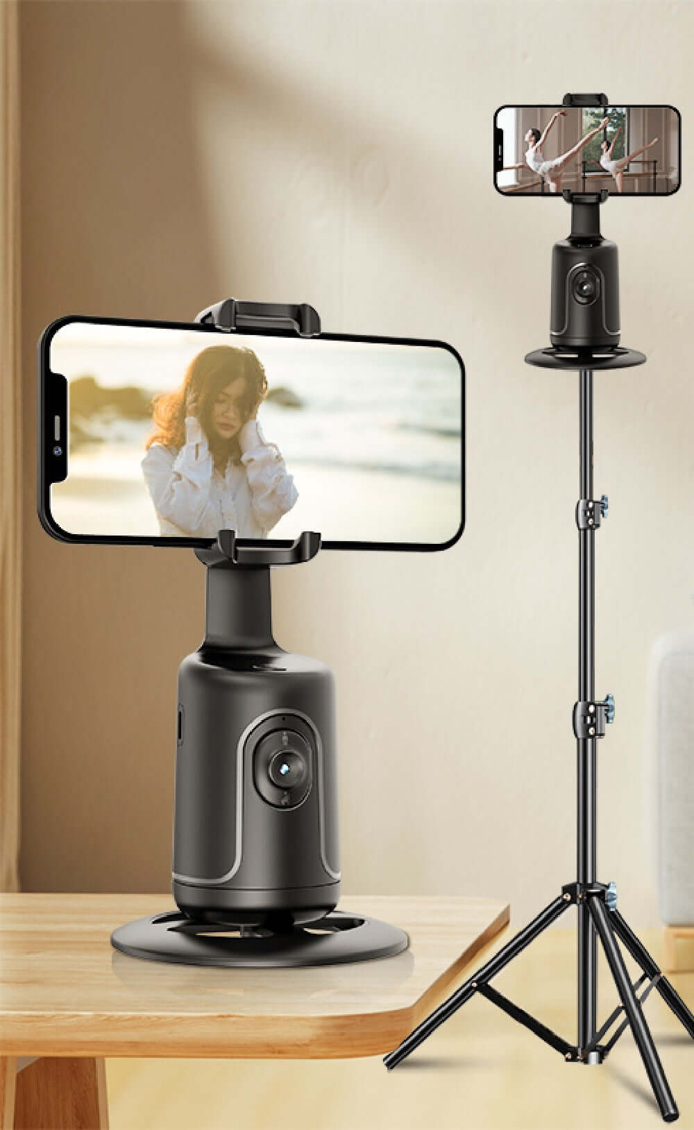 CozyTech Living vlogging phone mount with AI tracking on table and tripod for hands-free video recording