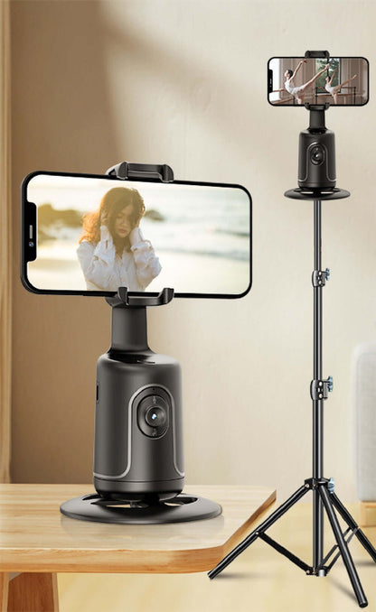 CozyTech Living vlogging phone mount with AI tracking on table and tripod for hands-free video recording
