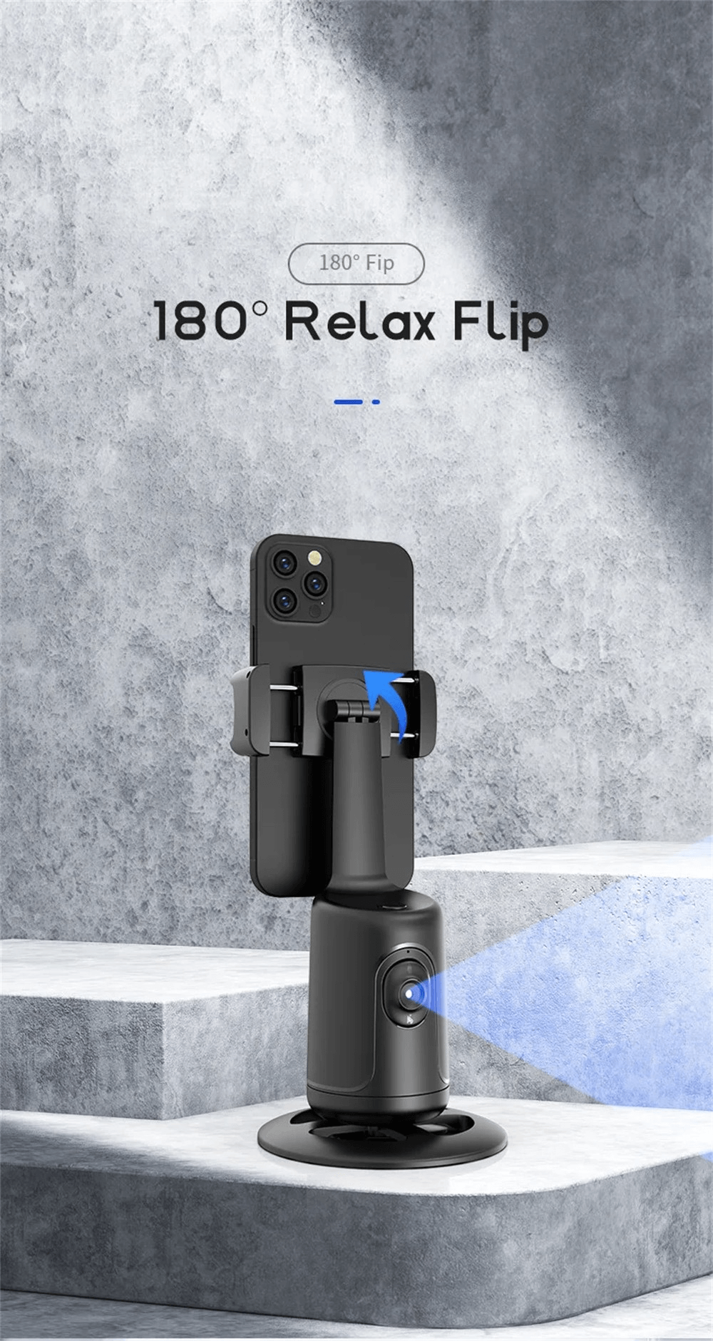 CozyTech Living vlogging phone mount with AI tracking showing 180 degree relax flip feature in black