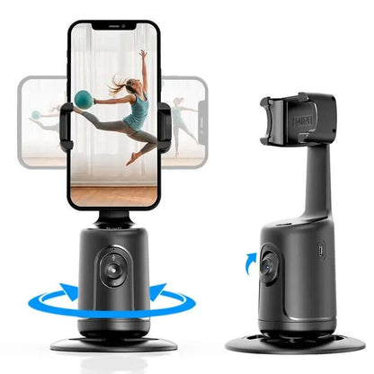 CozyTech Living vlogging phone mount with AI tracking shown holding a smartphone rotating to follow movement