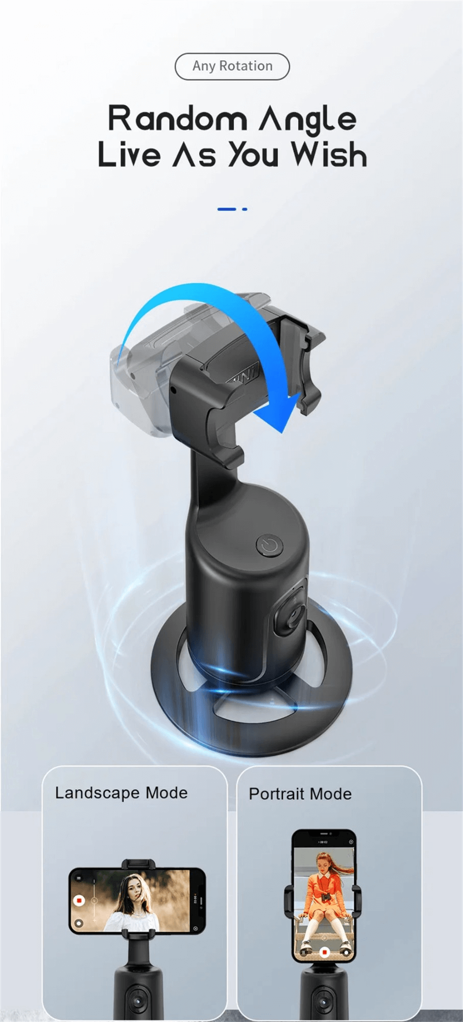 CozyTech Living vlogging phone mount with AI tracking showing random angle rotation in landscape and portrait modes