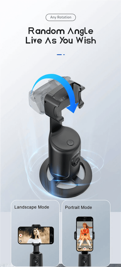 CozyTech Living vlogging phone mount with AI tracking showing random angle rotation in landscape and portrait modes