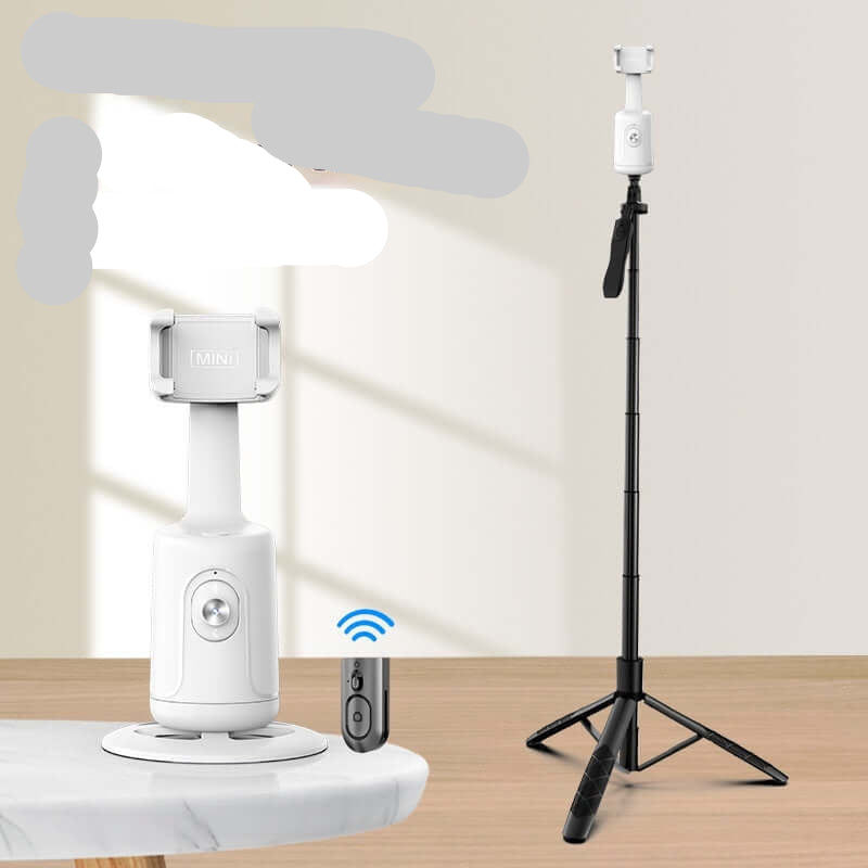 CozyTech Living vlogging phone mount with AI tracking shown with remote and tripod for hands-free recording